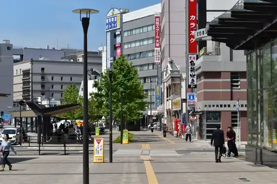 駅前の通り。右奥の建物は現在アパホテル