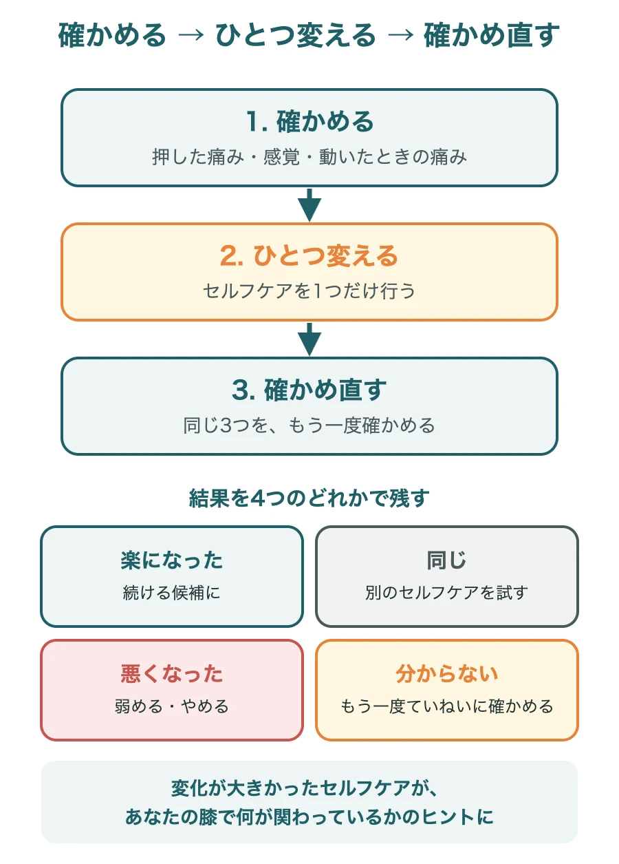 確かめる、ひとつ変える、確かめ直すの流れと、結果の残し方（膝）