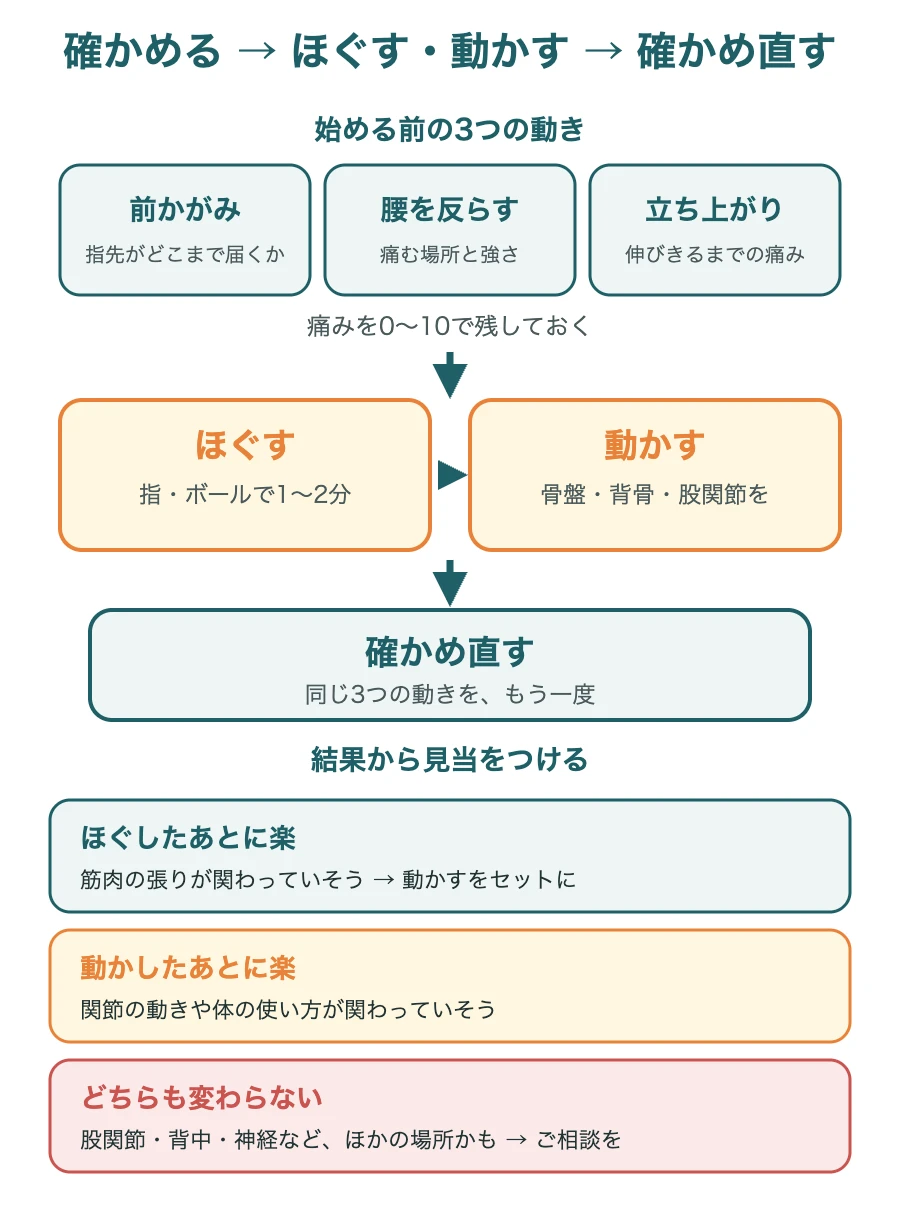 確かめる、ほぐす・動かす、確かめ直すの流れと、結果からの見当のつけ方