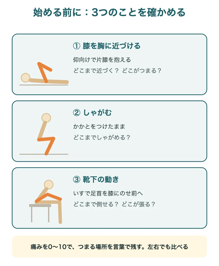 始める前に確かめる3つ：膝を胸に近づける、しゃがむ、靴下の動き