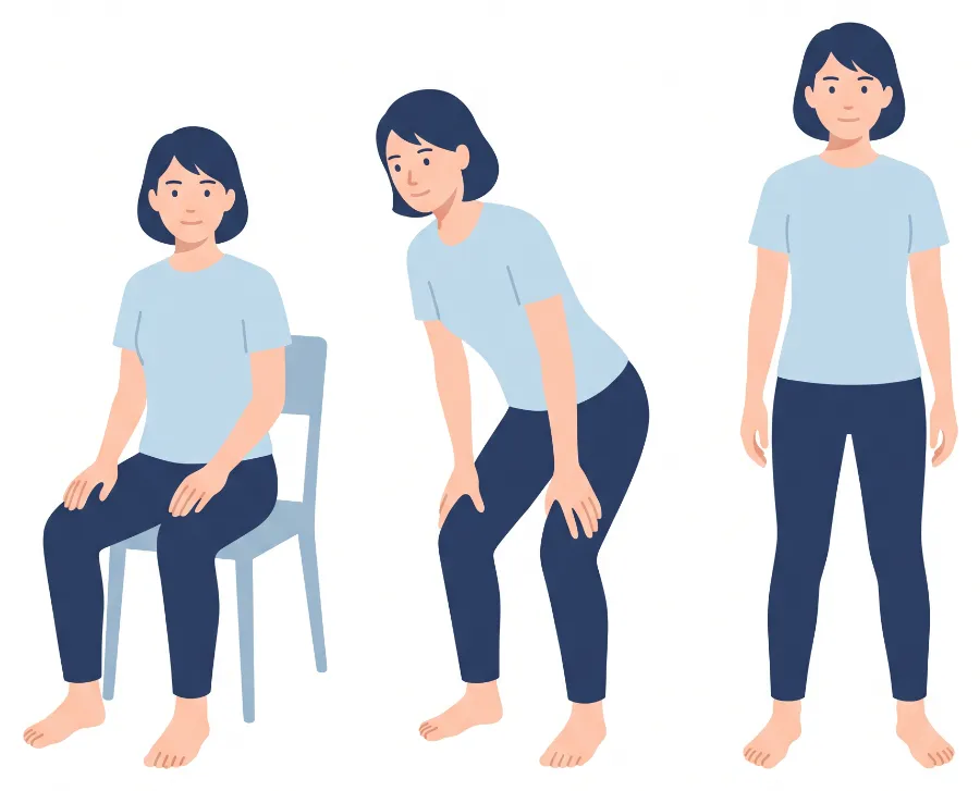 膝とつま先の向きをそろえて、いすから立ち上がる流れ