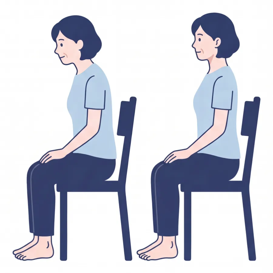 いすに座り、頭が前に出た姿勢と、目線は正面のままあごを軽く引いた姿勢（あご引き運動）