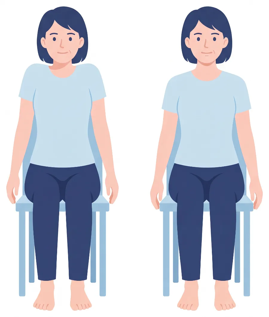いすに座り、両肩をすくめた姿勢と、肩を下ろした姿勢