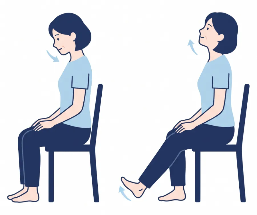 いすに座り、膝を曲げてあごを引いた姿勢と、膝を伸ばして足首を手前に曲げ、顔を少し上げた姿勢（座ってできる神経のすべり運動）